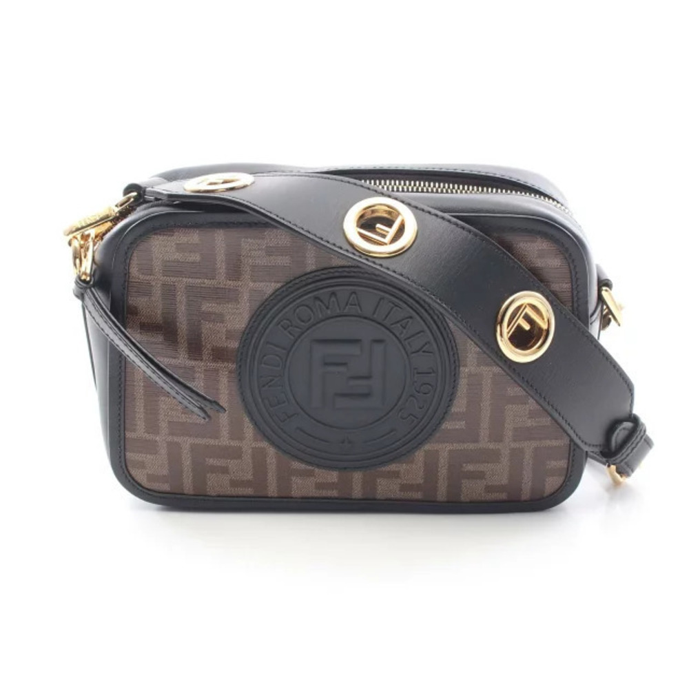 Fendi CAM Zucca Shoulder Bag Canvas Leather Brown Black